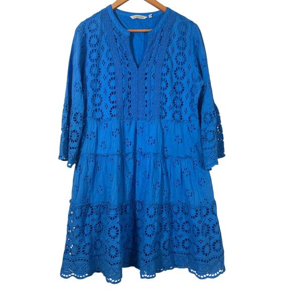 Soft Surroundings Dresses & Skirts - Soft Surroundings Dress 14 Blue Eyelet Tiered Long Slv Knee Length Lined Crochet